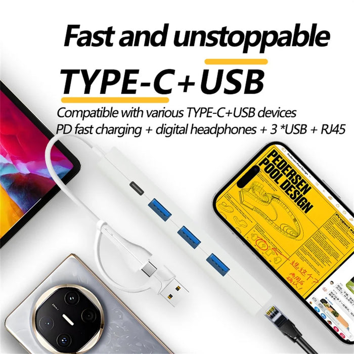 AJ1027 USB + Type-C Dual Port 5 in 1 Adapter Type-C 3xUSB RJ45 Ethernet Network Hub - 5