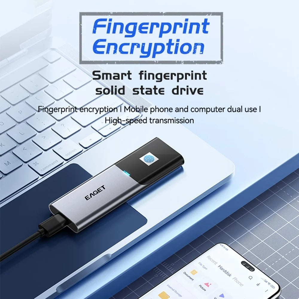 EAGET ET-FM6 2TB Portable SSD Type C 3.2 High Speed Transfer Fingerprint Encryption External Hard Drive - 2