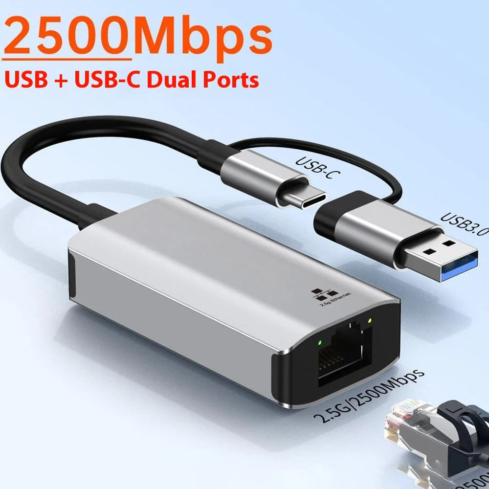 USB Type-C to RJ45 Gigabit Ethernet Adapter 2.5G Network Card Dual Interface USB 3.0 Compatible with Windows/MacOS/Linux - 2