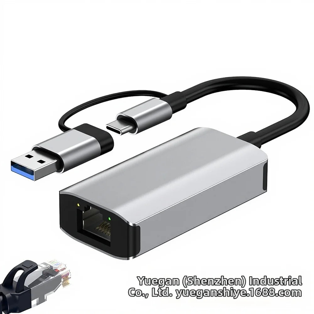USB Type-C to RJ45 Gigabit Ethernet Adapter 2.5G Network Card Dual Interface USB 3.0 Compatible with Windows/MacOS/Linux - 7