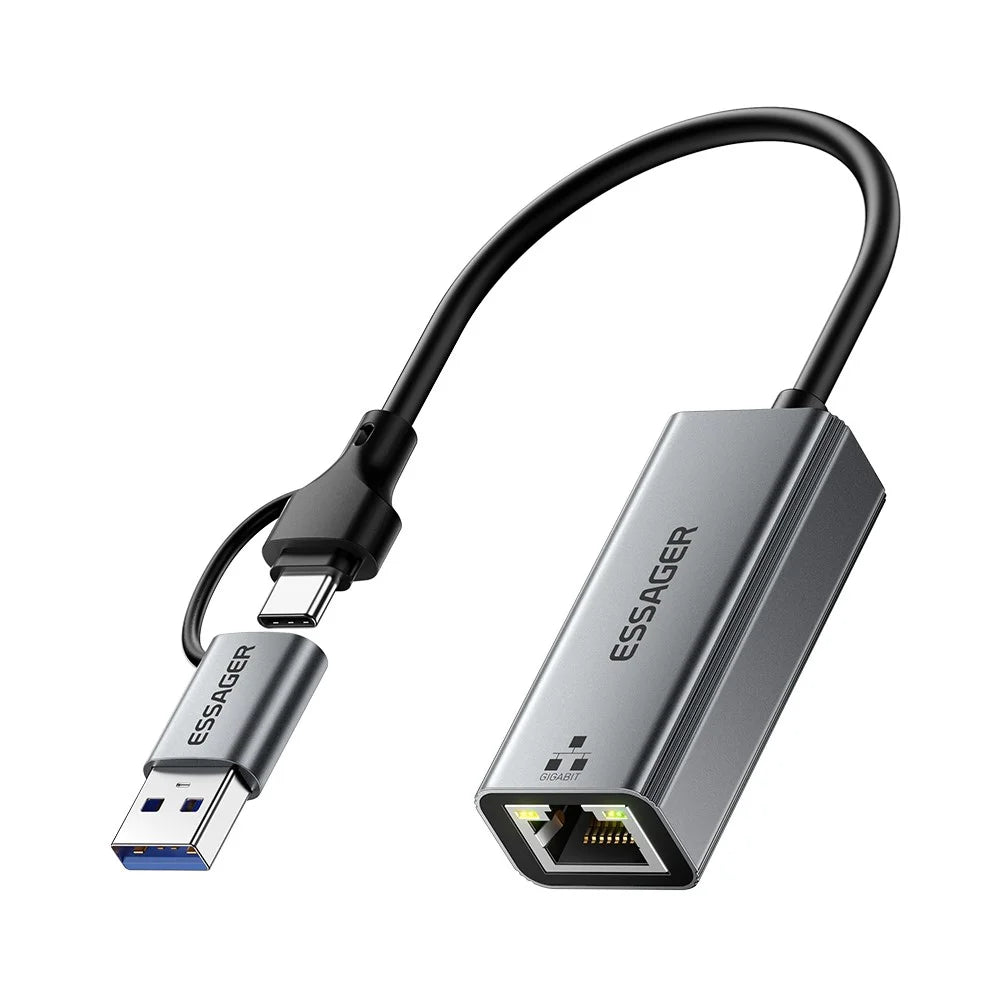 ESSAGER 2 in 1 USB-A  /  Type-C to RJ45 Converter Plug and Play Gigabit Ethernet Adapter for PC Laptop - 1