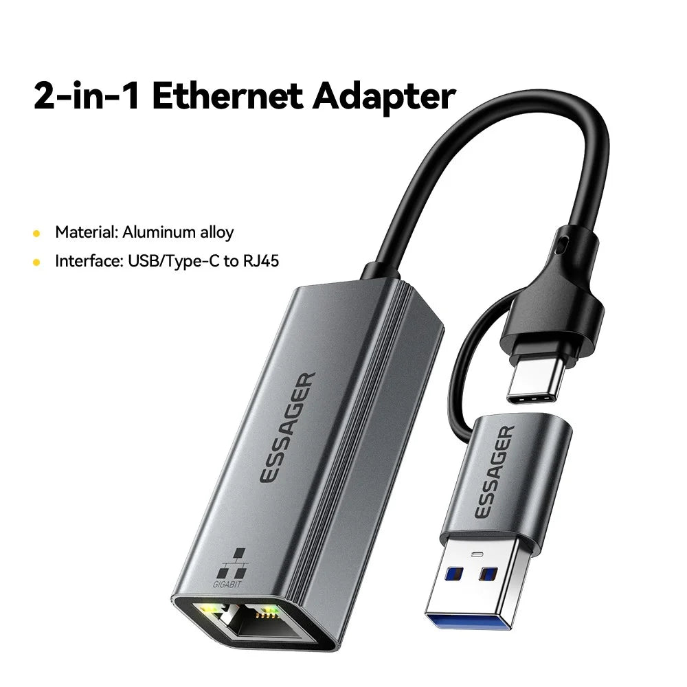 ESSAGER 2 in 1 USB-A  /  Type-C to RJ45 Converter Plug and Play Gigabit Ethernet Adapter for PC Laptop - 2