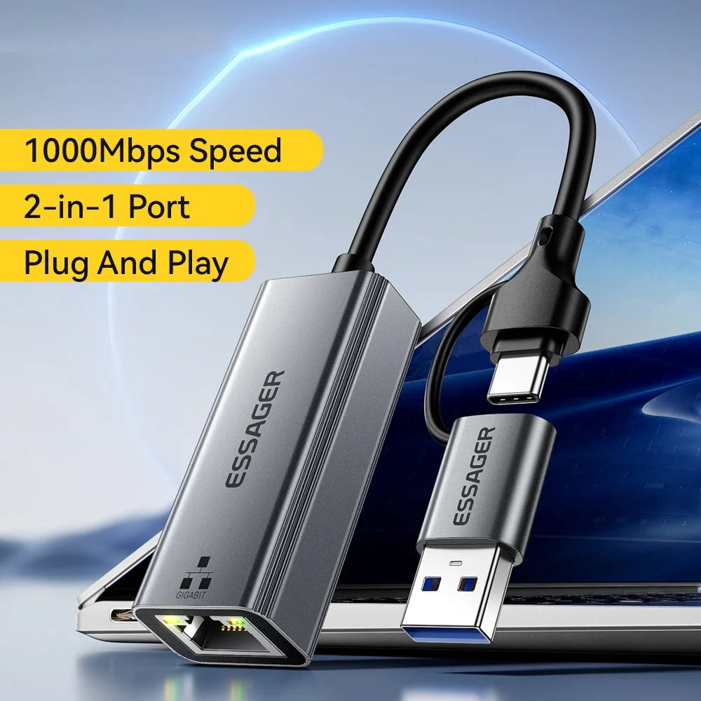 ESSAGER 2 in 1 USB-A  /  Type-C to RJ45 Converter Plug and Play Gigabit Ethernet Adapter for PC Laptop - 3