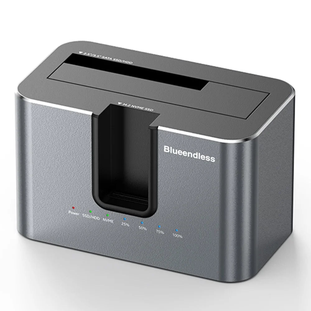 BLUEENDLESS HD01N Dual Bay 2.5 / 3.5 Inch HDD SSD Docking Station M.2 NVMe SATA Offline Clone USB 3.2 Storage Converter - EU Plug - 1