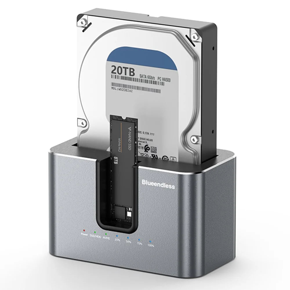BLUEENDLESS HD01N Dual Bay 2.5 / 3.5 Inch HDD SSD Docking Station M.2 NVMe SATA Offline Clone USB 3.2 Storage Converter - EU Plug - 2