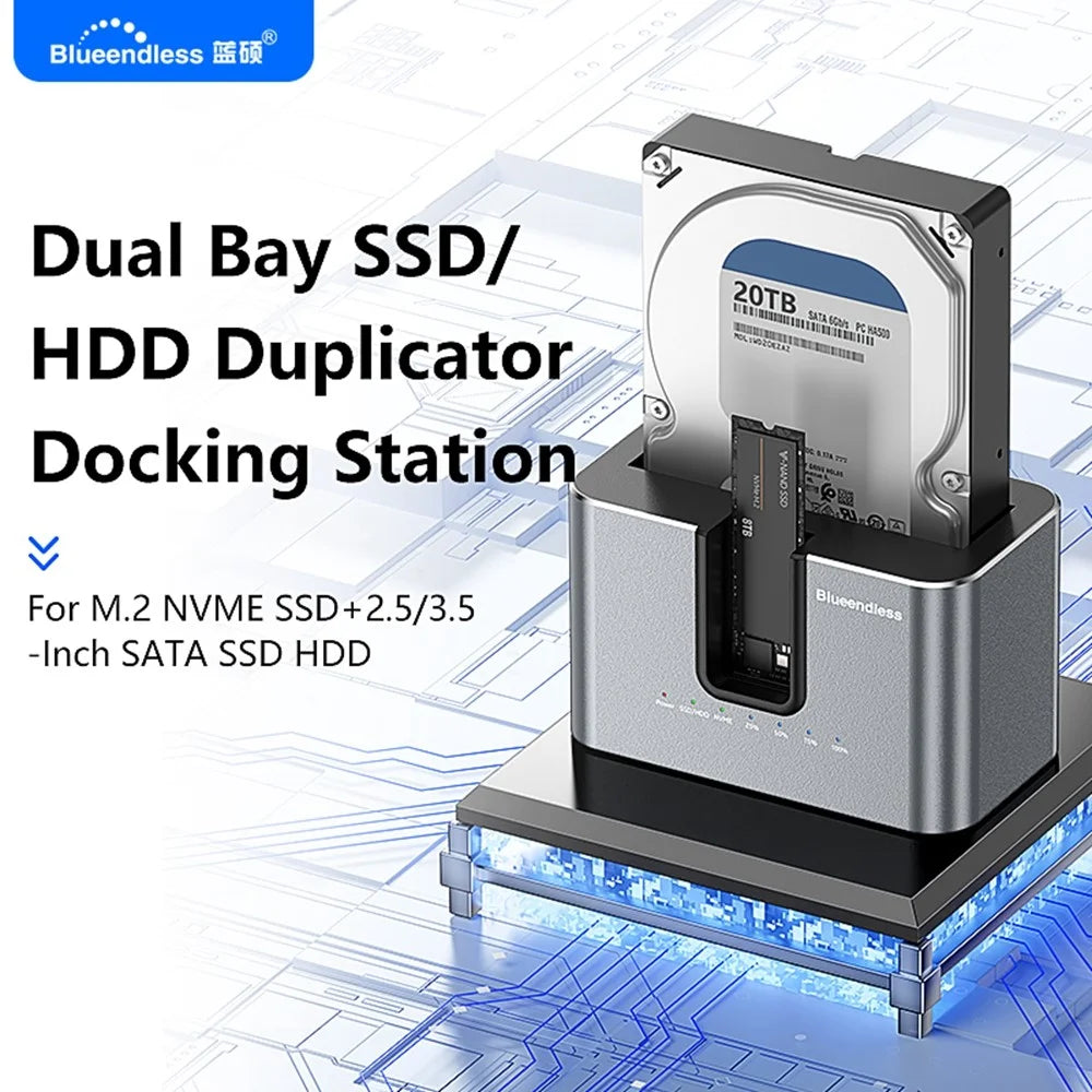 BLUEENDLESS HD01N Dual Bay 2.5 / 3.5 Inch HDD SSD Docking Station M.2 NVMe SATA Offline Clone USB 3.2 Storage Converter - EU Plug - 3