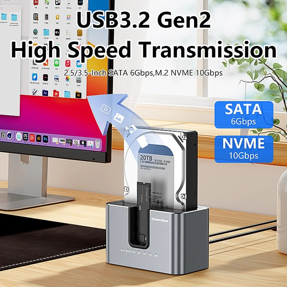 BLUEENDLESS HD01N Dual Bay 2.5 / 3.5 Inch HDD SSD Docking Station M.2 NVMe SATA Offline Clone USB 3.2 Storage Converter - EU Plug - 4