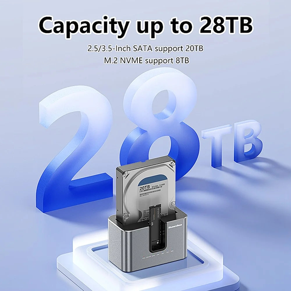BLUEENDLESS HD01N Dual Bay 2.5 / 3.5 Inch HDD SSD Docking Station M.2 NVMe SATA Offline Clone USB 3.2 Storage Converter - EU Plug - 5
