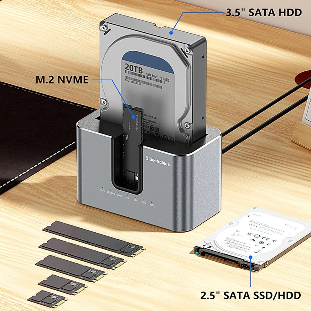 BLUEENDLESS HD01N Dual Bay 2.5 / 3.5 Inch HDD SSD Docking Station M.2 NVMe SATA Offline Clone USB 3.2 Storage Converter - EU Plug - 7