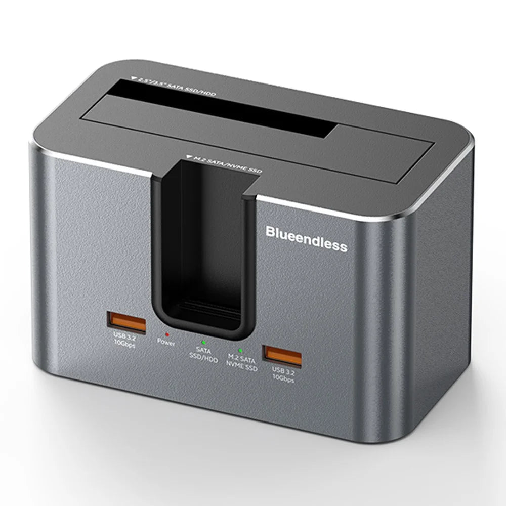 BLUEENDLESS HD01SN Dual Bay USB-C Hard Drive Docking Station with 2x USB 3.2 Ports for 2.5 / 3.5 inch SATA HDD SSD M.2 NVMe SATA - EU Plug - 1