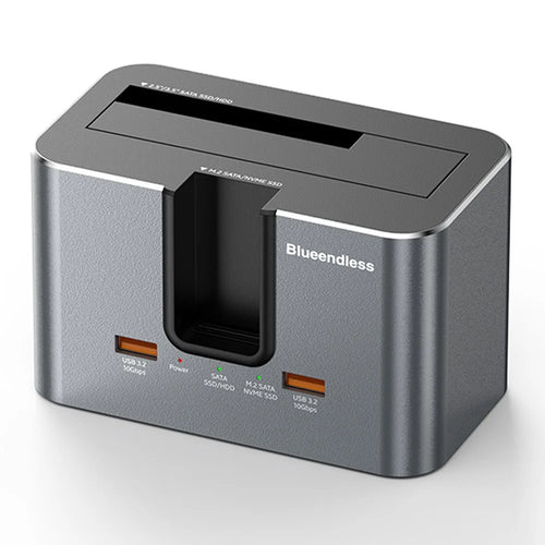 BLUEENDLESS HD01SN Dual Bay USB-C Hard Drive Docking Station with 2x USB 3.2 Ports for 2.5 / 3.5 inch SATA HDD SSD M.2 NVMe SATA - EU Plug - 1