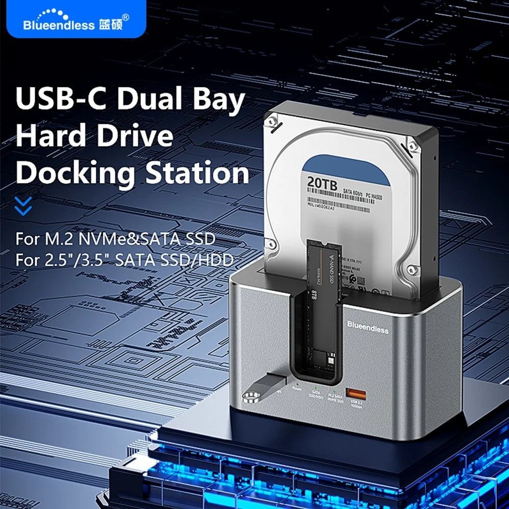 BLUEENDLESS HD01SN Dual Bay USB-C Hard Drive Docking Station with 2x USB 3.2 Ports for 2.5 / 3.5 inch SATA HDD SSD M.2 NVMe SATA - EU Plug - 2