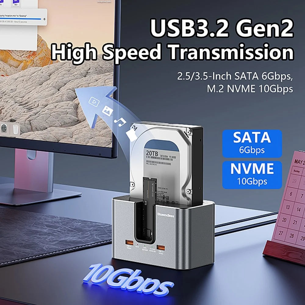 BLUEENDLESS HD01SN Dual Bay USB-C Hard Drive Docking Station with 2x USB 3.2 Ports for 2.5 / 3.5 inch SATA HDD SSD M.2 NVMe SATA - EU Plug - 3