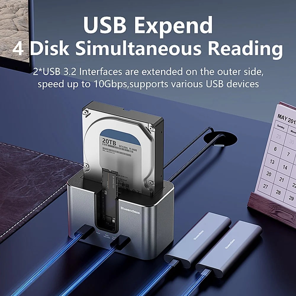BLUEENDLESS HD01SN Dual Bay USB-C Hard Drive Docking Station with 2x USB 3.2 Ports for 2.5 / 3.5 inch SATA HDD SSD M.2 NVMe SATA - EU Plug - 4