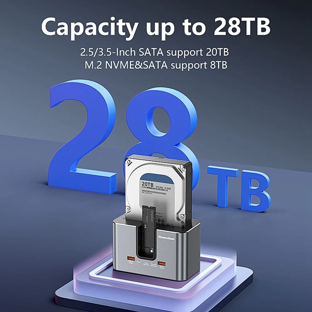 BLUEENDLESS HD01SN Dual Bay USB-C Hard Drive Docking Station with 2x USB 3.2 Ports for 2.5 / 3.5 inch SATA HDD SSD M.2 NVMe SATA - EU Plug - 6
