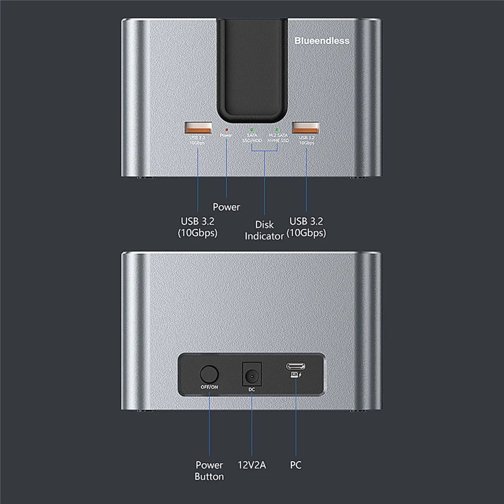 BLUEENDLESS HD01SN Dual Bay USB-C Hard Drive Docking Station with 2x USB 3.2 Ports for 2.5 / 3.5 inch SATA HDD SSD M.2 NVMe SATA - EU Plug - 7