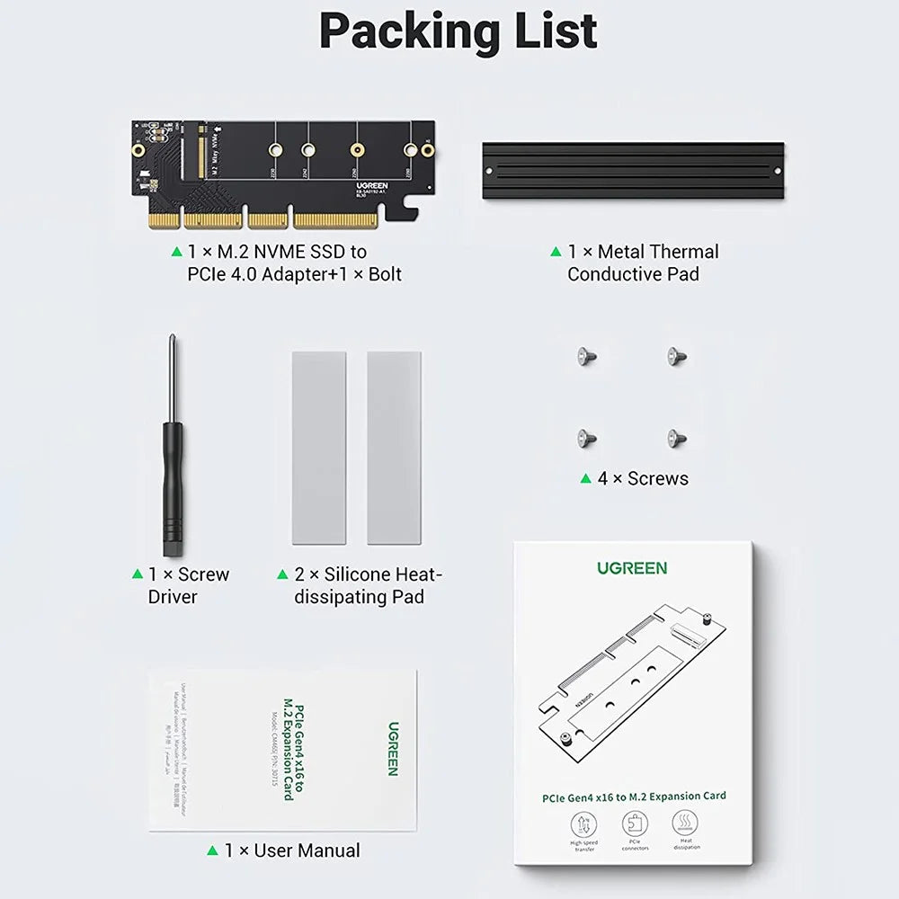 UGREEN 30715 NVMe PCIe Adapter PCle Gen4 x16 to M.2 Expansion Card M.2 SSD to PCIe 4.0 X16/X8/X4 Card with Heatsink M.2 PCIe Converter Compatible with Thunderbolt 3 - 6