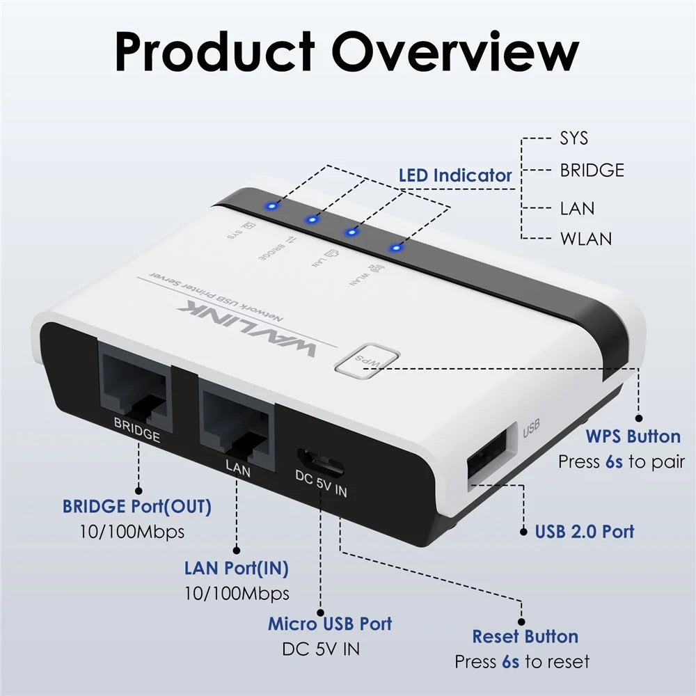 WAVLINK NU516U1 Wireless USB Print Server with 10 / 100Mbps LAN / Bridge WiFi USB2.0 Wireless Printer Server - US Plug - 3