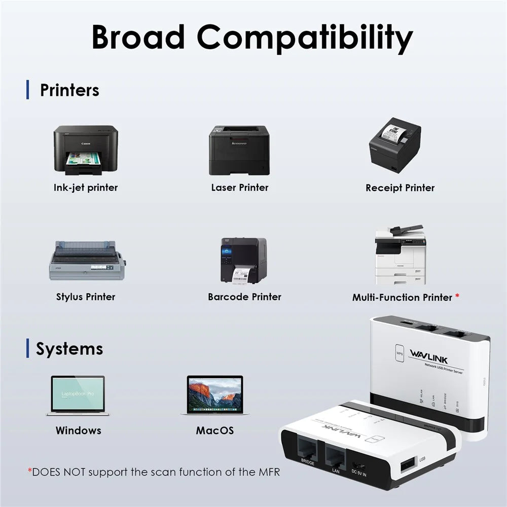 WAVLINK NU516U1 Wireless USB Print Server with 10 / 100Mbps LAN / Bridge WiFi USB2.0 Wireless Printer Server - US Plug - 5