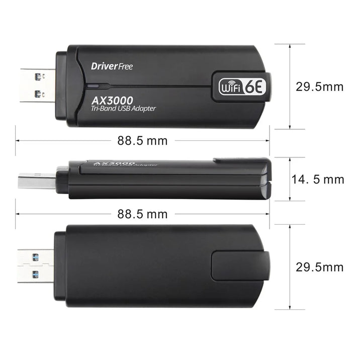 WD-AX3000 WiFi Receiver USB 3.0 WiFi6 Driver Free Wireless Network Card for Desktop PC / Laptop - Black - 6
