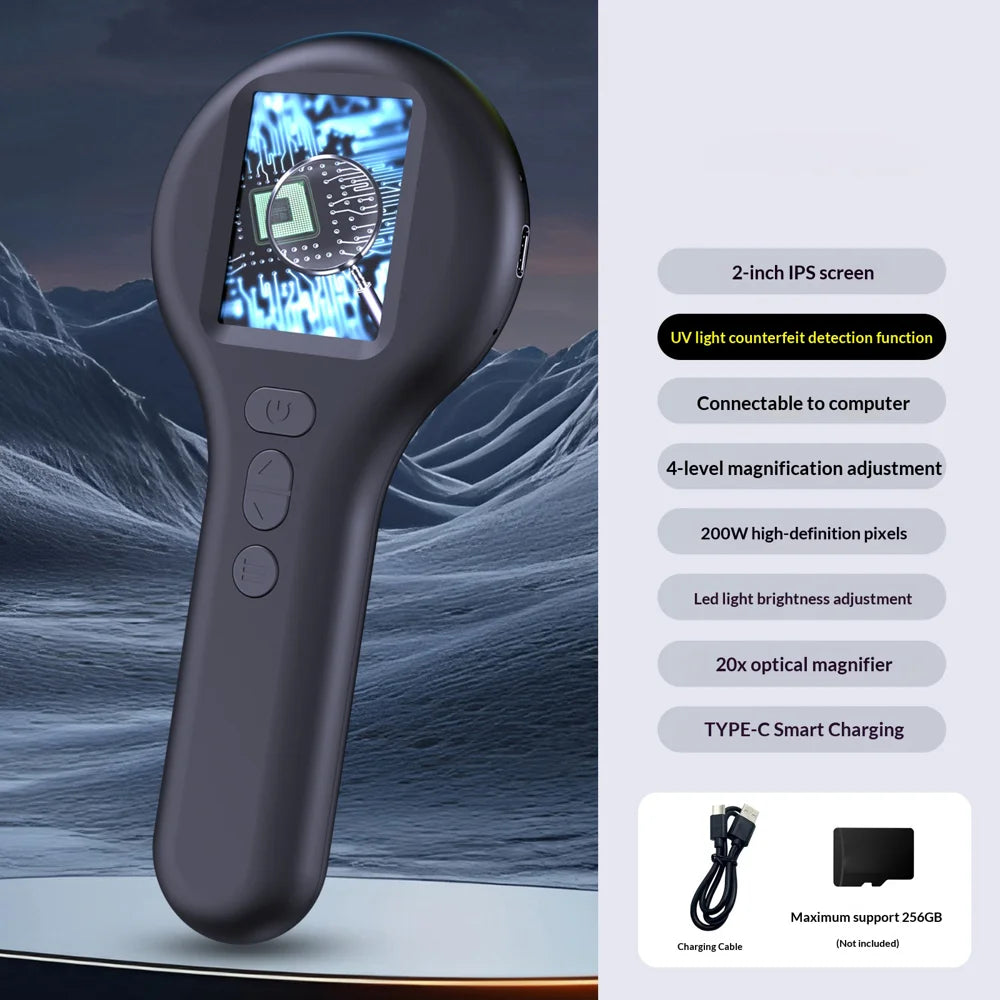 KM100 2 Inch IPS Screen Digital Microscope 500X Magnification Jewelry Inspection Tool with LED Light - Black - 2