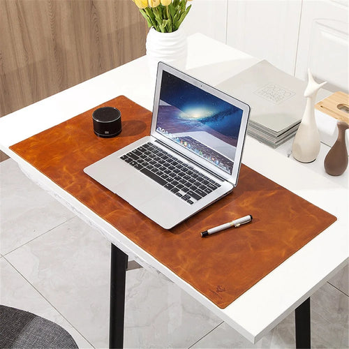 Non-slip Large Mouse Mat Oil Wax Cowhide Leather Gaming Mousepad Home Office Desk Pad, 60x30cm - Brown - 1