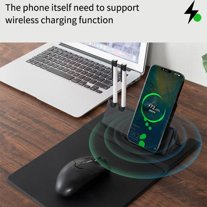 15W Fast Wireless Charging Non Slip PU Leather Mouse Pad with Pen Holder for Home Office - Classic Black - 2