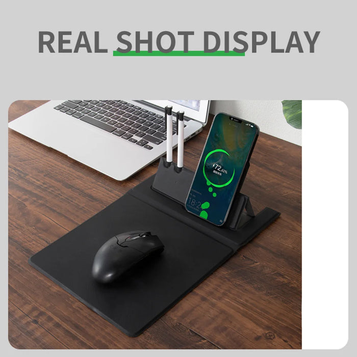 15W Fast Wireless Charging Non Slip PU Leather Mouse Pad with Pen Holder for Home Office - Classic Black - 4