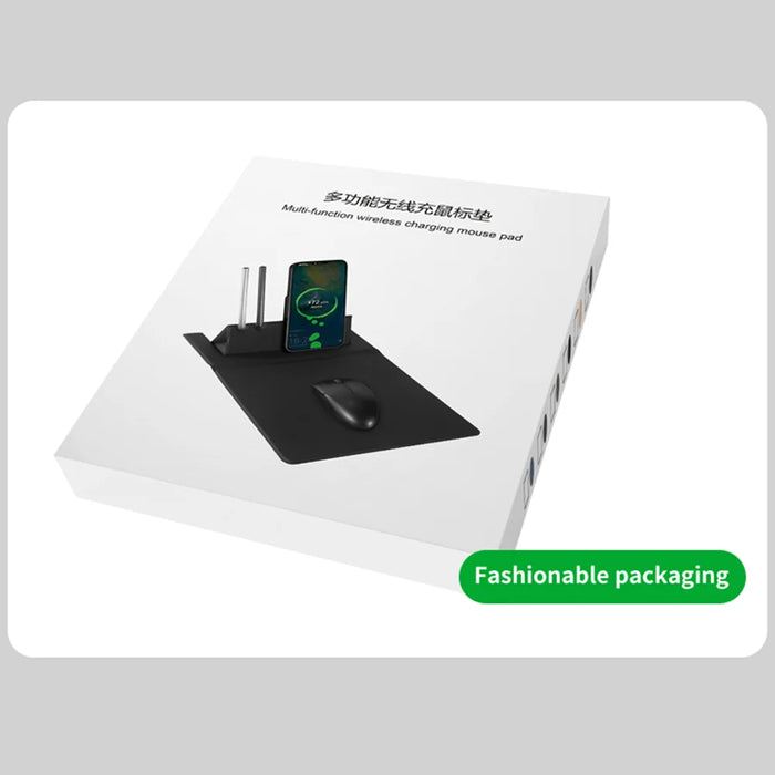 15W Fast Wireless Charging Non Slip PU Leather Mouse Pad with Pen Holder for Home Office - Classic Black - 6