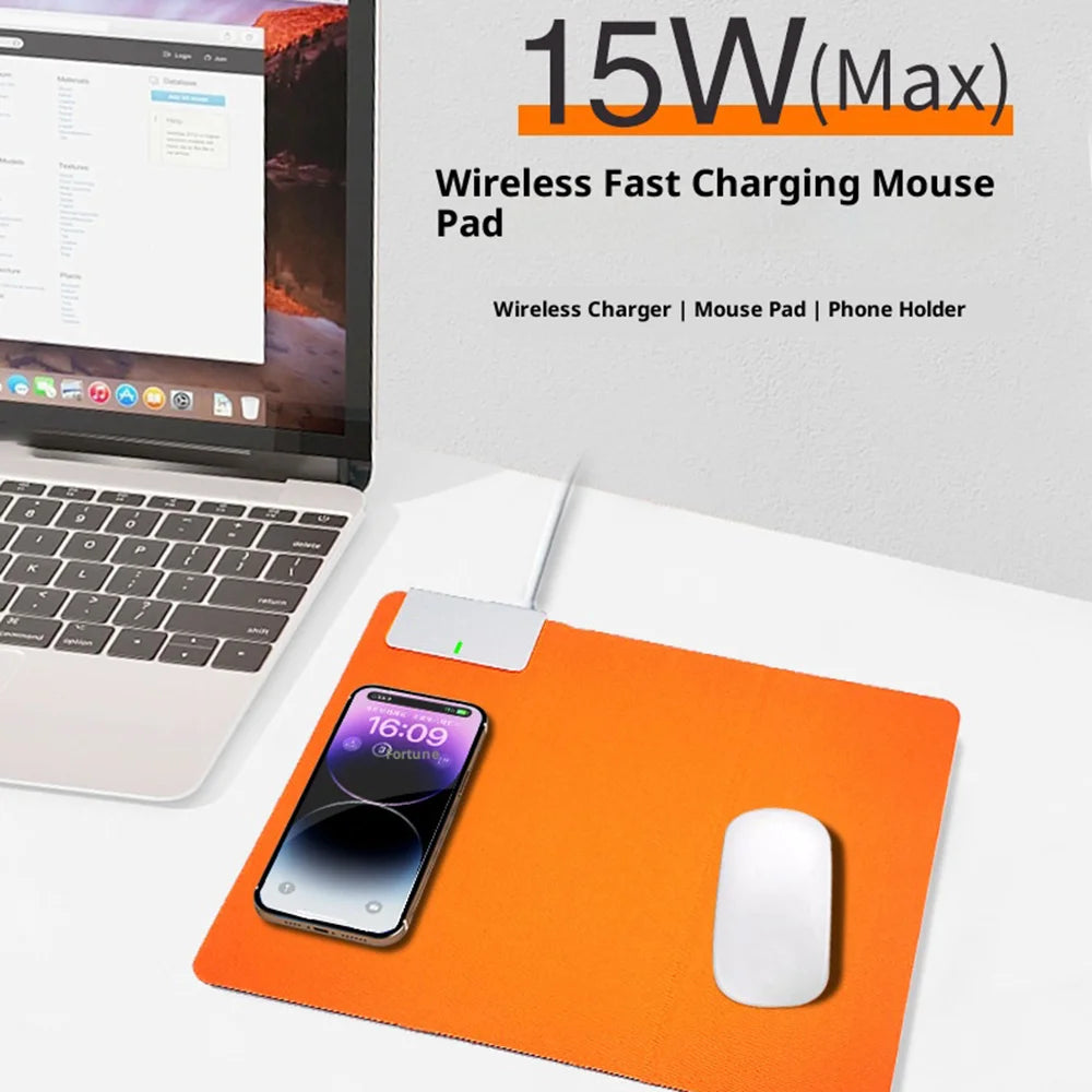 Wireless Charging Mouse Pad 15W Fast Charge Integrated Phone Stand PU Leather Desk Mat - Orange - 3