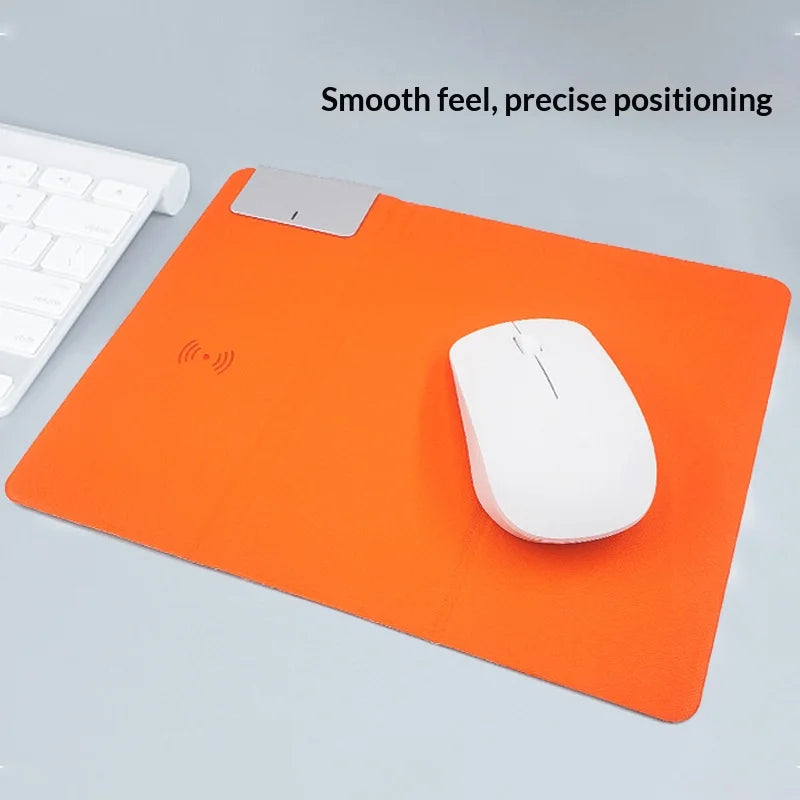 Wireless Charging Mouse Pad 15W Fast Charge Integrated Phone Stand PU Leather Desk Mat - Orange - 4