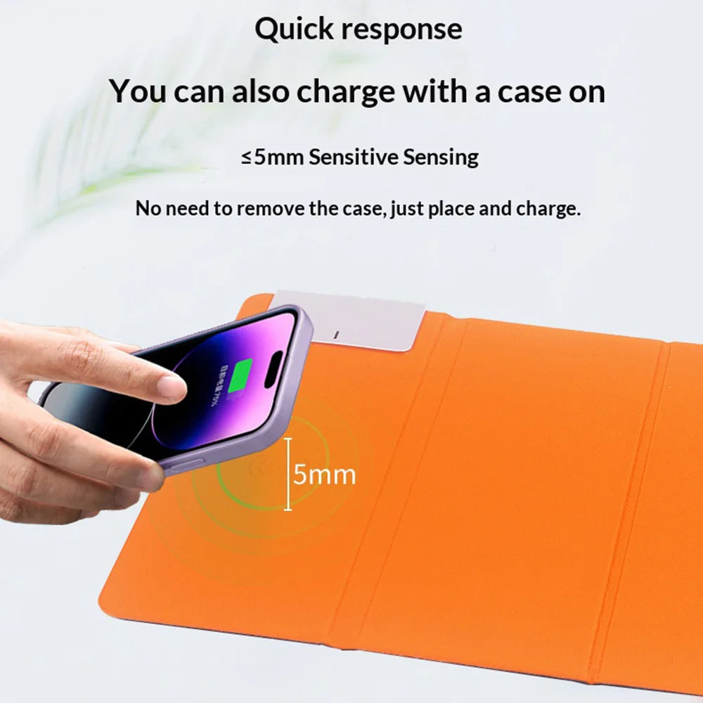 Wireless Charging Mouse Pad 15W Fast Charge Integrated Phone Stand PU Leather Desk Mat - Orange - 5