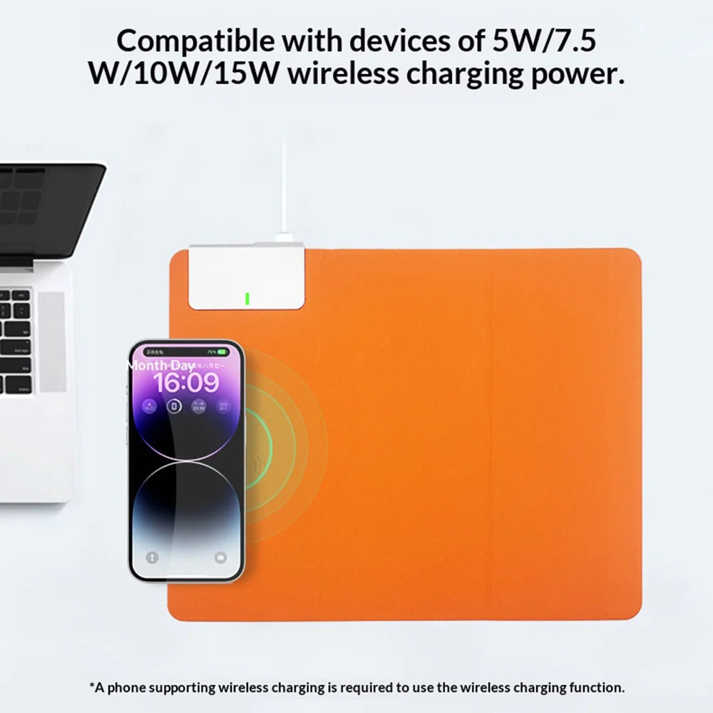 Wireless Charging Mouse Pad 15W Fast Charge Integrated Phone Stand PU Leather Desk Mat - Orange - 6