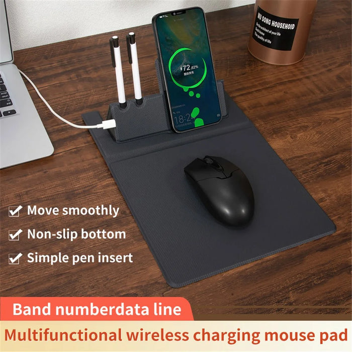 Foldable PU Leather Laptop Mouse Pad 15W Wireless Phone Charger with Pen Holder - 2