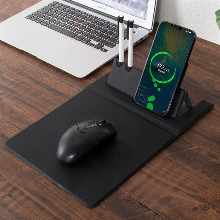 Foldable PU Leather Laptop Mouse Pad 15W Wireless Phone Charger with Pen Holder - 7