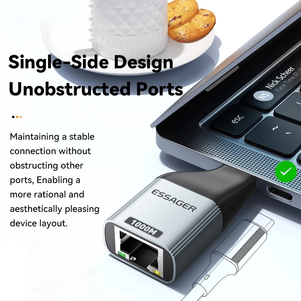 ESSAGER 1000Mbps Ethernet LAN Adapter Aluminum Alloy Type-C to RJ45 Gigabit Network Connector - 2