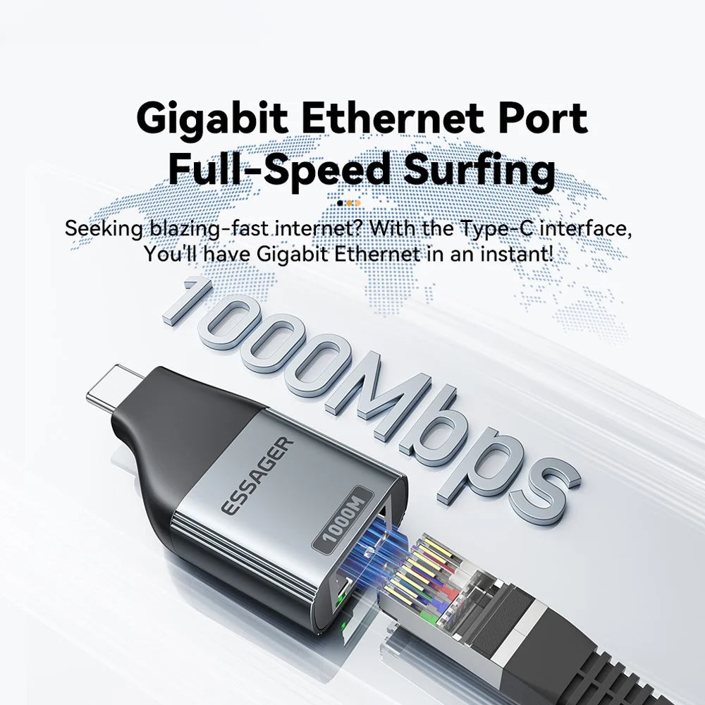 ESSAGER 1000Mbps Ethernet LAN Adapter Aluminum Alloy Type-C to RJ45 Gigabit Network Connector - 3