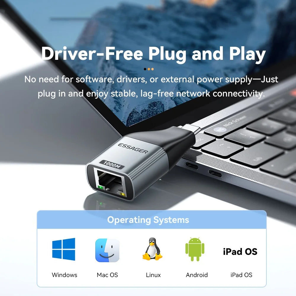 ESSAGER 1000Mbps Ethernet LAN Adapter Aluminum Alloy Type-C to RJ45 Gigabit Network Connector - 4