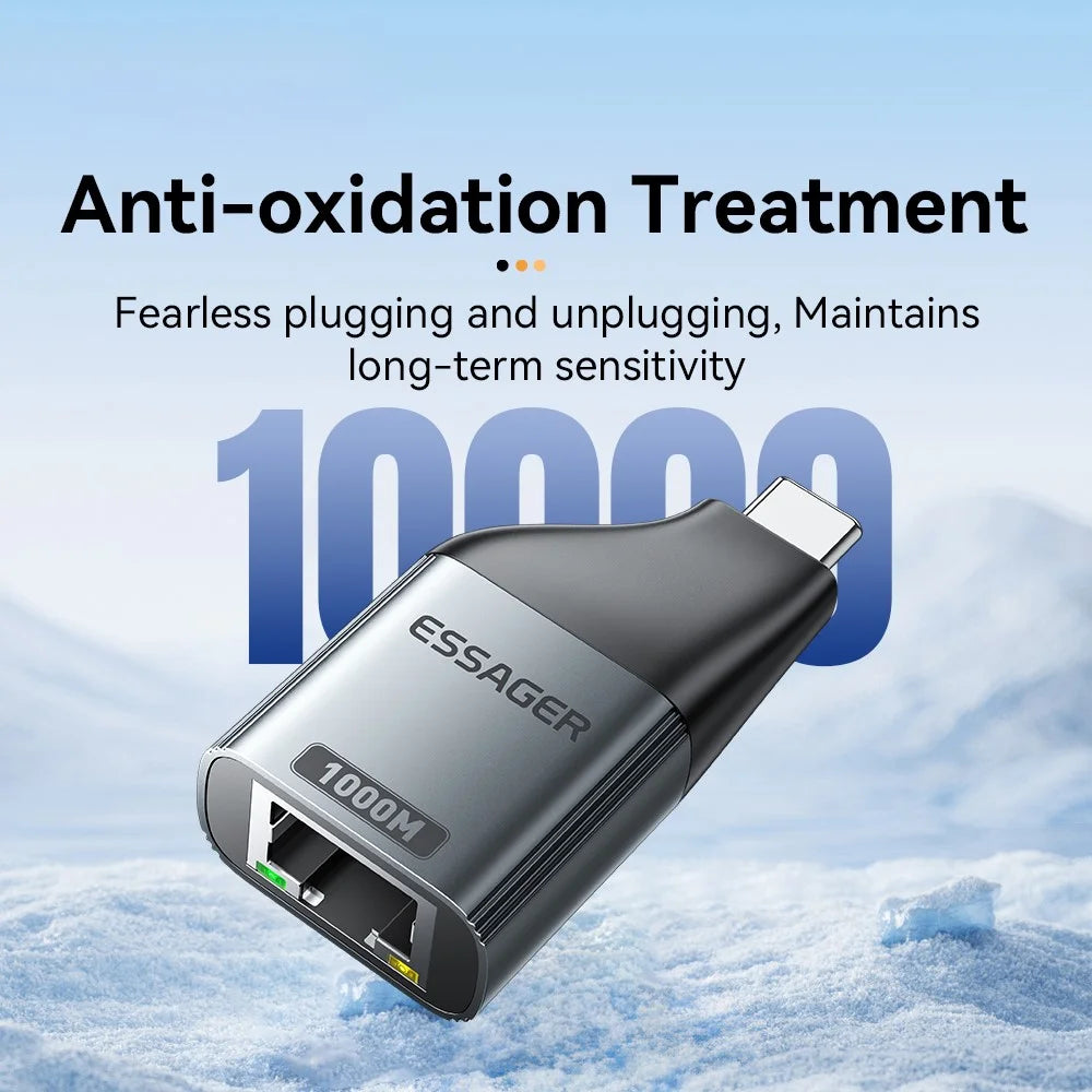 ESSAGER 1000Mbps Ethernet LAN Adapter Aluminum Alloy Type-C to RJ45 Gigabit Network Connector - 5