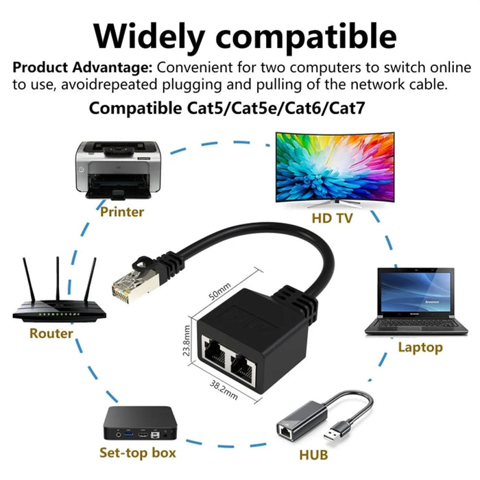 20cm RJ45 8 Core Network Cable Splitter 1 to 2 Ethernet Extension Adapter Compatible with Cat5 Cat6 Cat7 - 5
