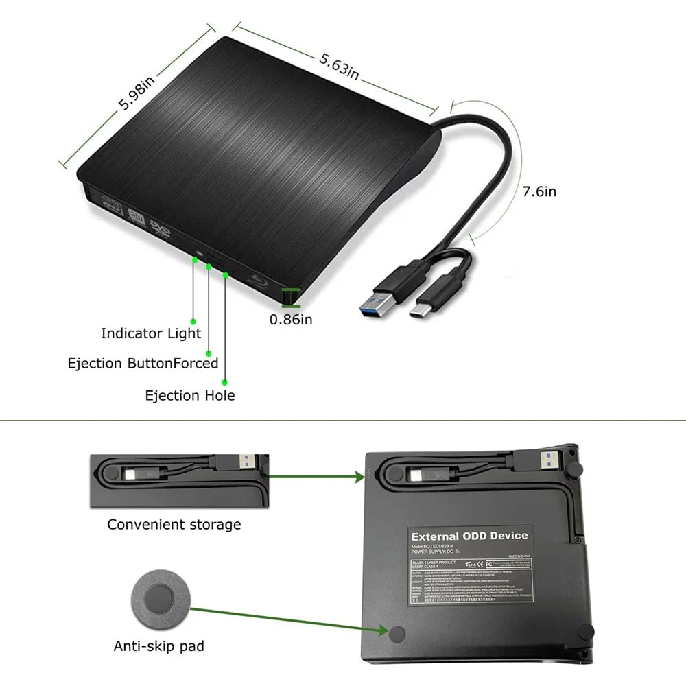 USB C USB3.0 Blu-Ray DVD Burner External Optical Drive Portable Slim Design Plug and Play for Desktop / Laptop - 2