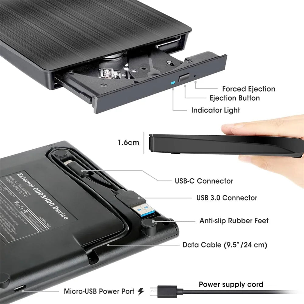 USB C USB3.0 Blu-Ray DVD Burner External Optical Drive Portable Slim Design Plug and Play for Desktop / Laptop - 3