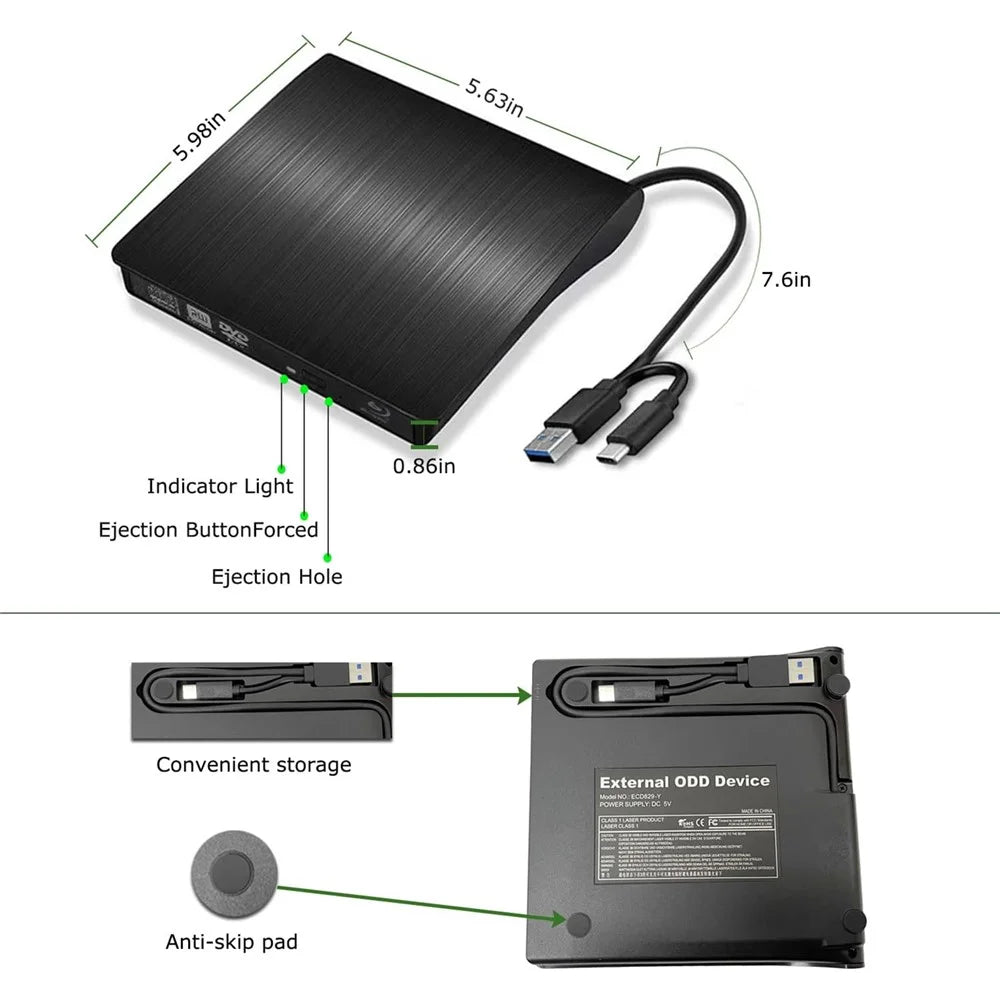 USB C USB3.0 Blu-Ray DVD Burner External Optical Drive Portable Slim Design Plug and Play for Desktop / Laptop - 7