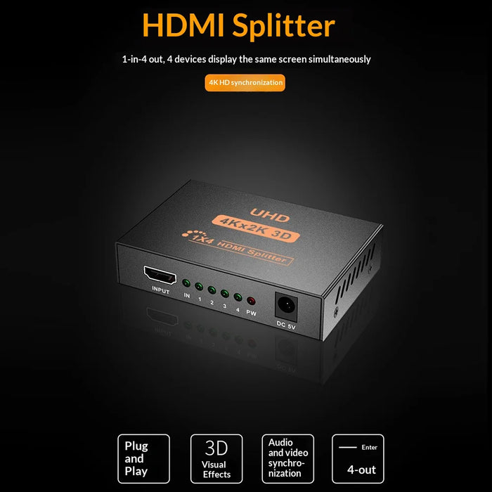 1 In 4 Out HD Splitter 4K 3D HD Adapter for PC/DVD/TV Box Video Distributor High Definition Amplifier - US Plug - 5