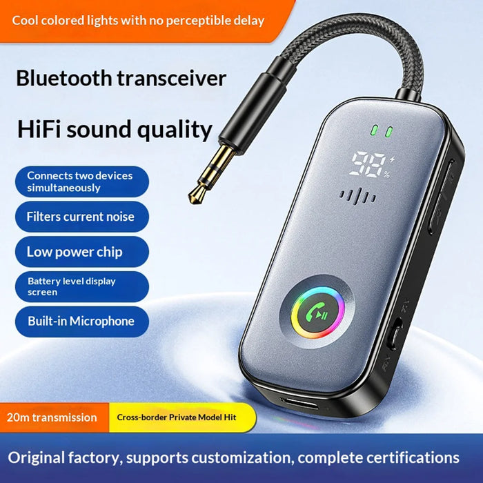 A6 Pro Car Audio Receiver Transmitter Device BT5.2 AUX Adapter with RGB Lighting - Black - 4