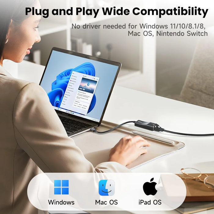 TOOCKI Type-C USB 2.0 Ethernet Adapter 100Mbps Driver Free LED Ethernet Converter for Laptop Switch - Black  / USB - 7
