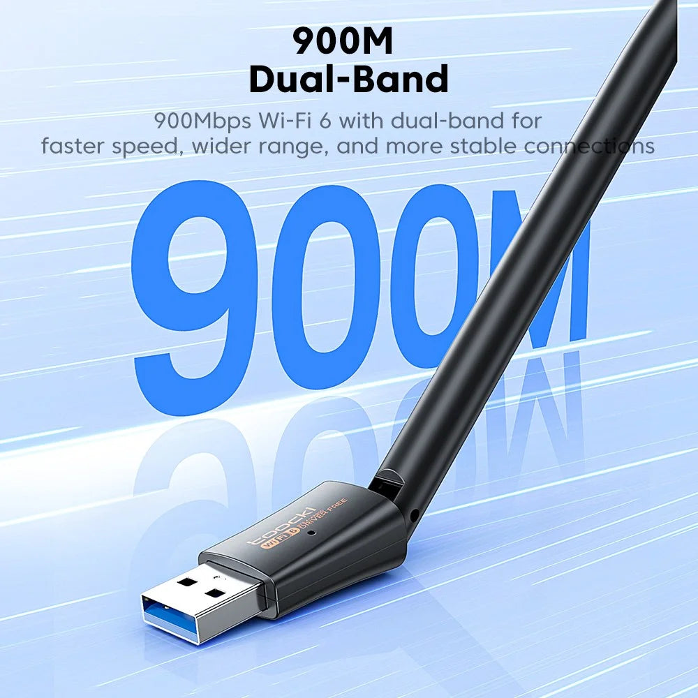 TOOCKI TB07 900Mbps USB WiFi 6 Adapter Bluetooth-compatible 5.4 Driver-Free Wireless Network Card with High Gain Antena - 5
