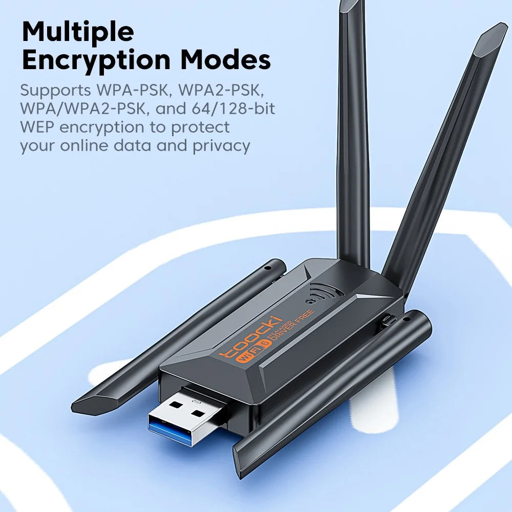 TOOCKI TB07B USB WiFi Dongle 900Mbps Dual Band WiFi 6 Bluetooth-compatible 5.4 Driver-Free Network Adapter - Black - 4