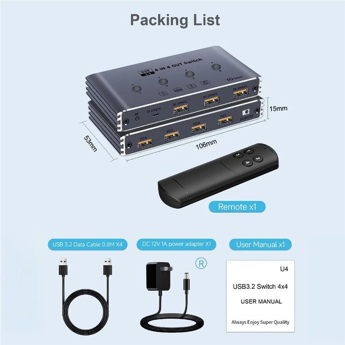 U4 USB 3.2 Gen1 4 Input 4 Output Switch Selector 10Gbps 4 Computers Share 4 USB Switcher Devices with Remote Control - EU Plug - 7