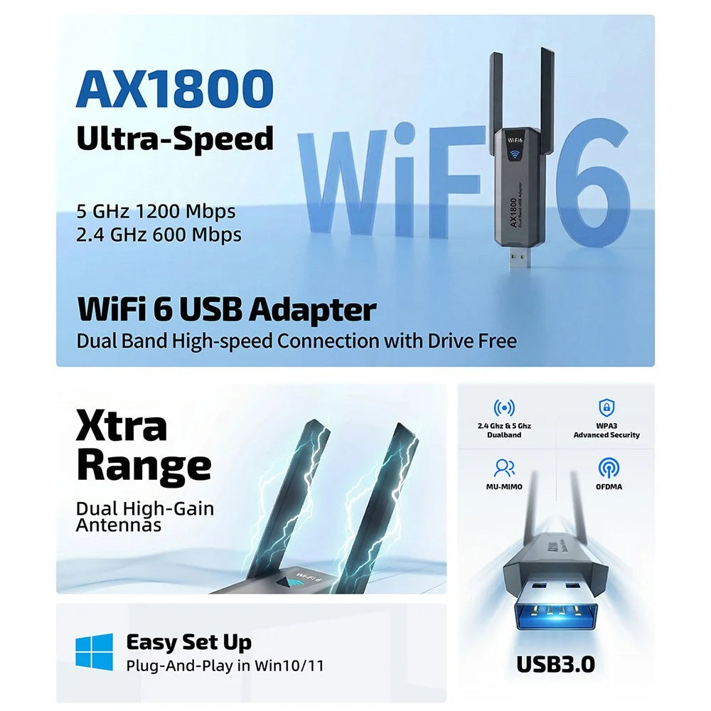 AX1800 USB 3.0 WiFi 6 Adapter 1800Mbps 5GHz / 2.4GHz Dual Band Wireless Network Card for PC Desktop - Black - 3